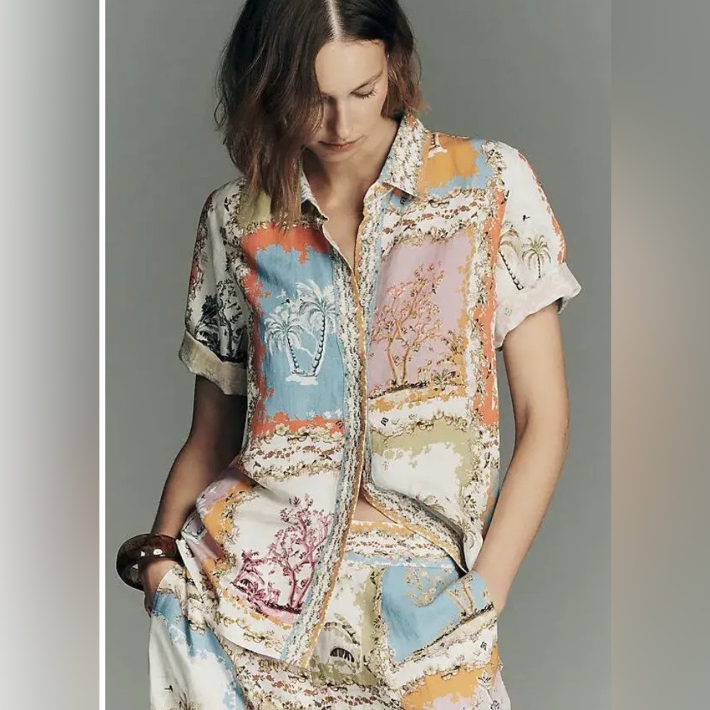 K90. New Anthropologie Tropical Patchwork linen Collared Blouse linen $138
